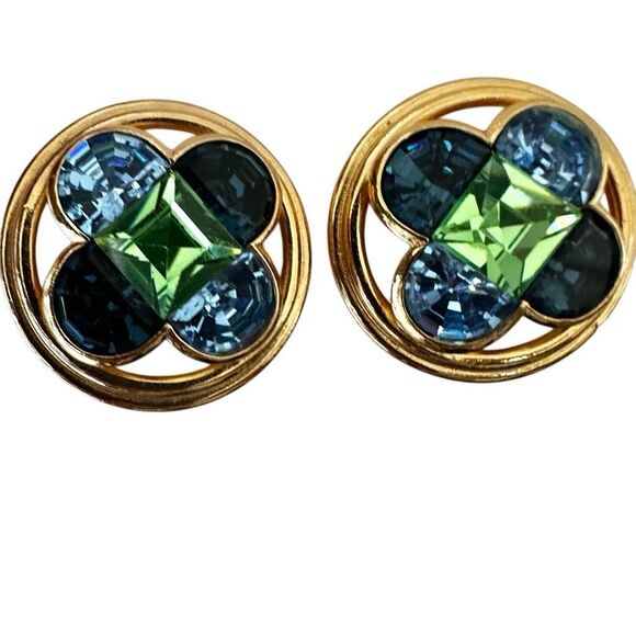 Christian Dior 1980s Blue & Green Crystal Gold-Tone Clip-On Earrings - Picture 1 of 10